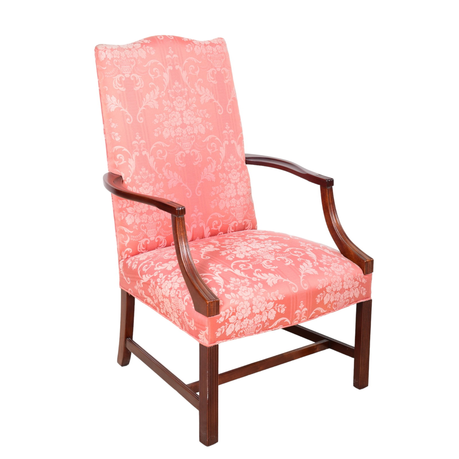 Hickory Chair Chippendale style mahogany upholstered lolling chair: Hickory Chair Chippendale style mahogany upholstered lolling chair, pink floral upholstery, 42"h x 25"w x 27"d, marks to arms as seen in photo, upholstery at top is stained