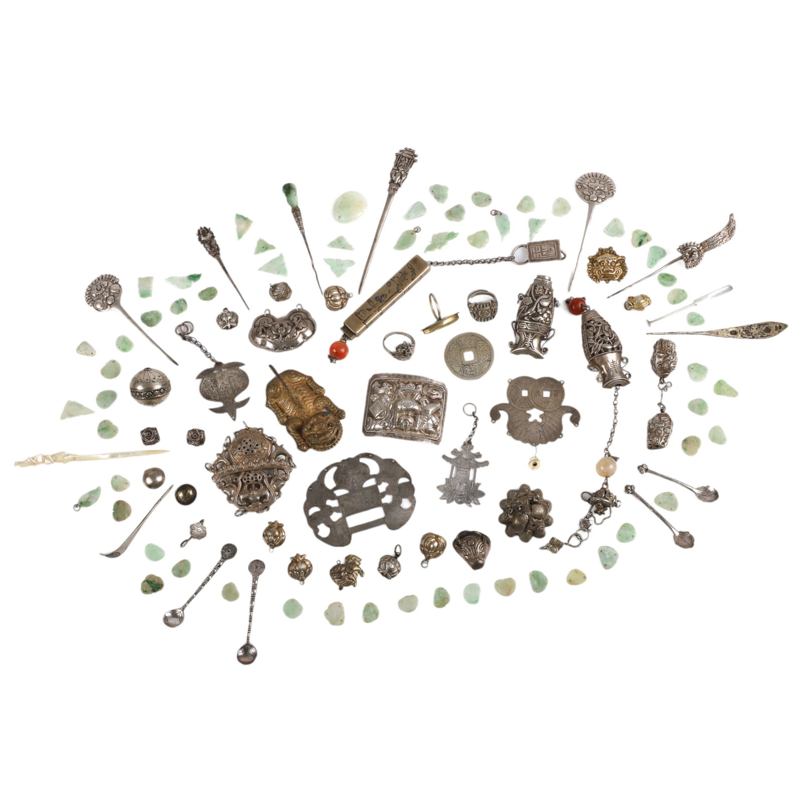 Asian Silver Hair Ornaments, Needle Cases, Etc.: Asian silver hair ornaments, needle cases, etc. to include (2) vase and box form chain suspended needle cases, several repousse hollow pendants, (5) chased silver flat pendants, a single repousse expo