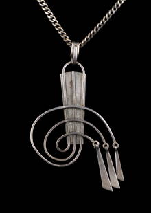 Paul Lobel  Modernist Sterling Necklace: Paul Lobel (1899 - 1983, New York/Romania) sterling silver link chain with a scroll pierced modernist pendant, signed Lobel at closure and at back of pendant, 18"L chain, 3 3/4"L pendant. Greenwich Vi