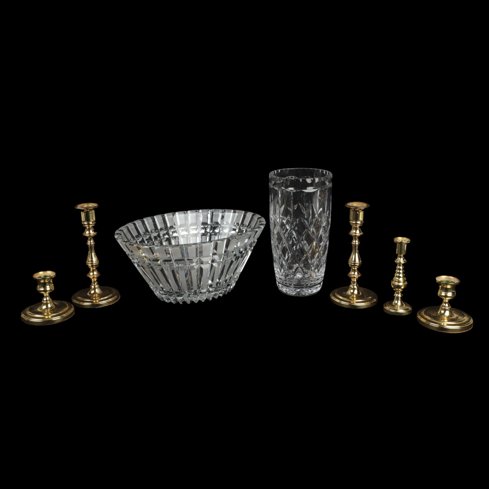 (2) Pcs Cut Glass & (5) Brass Candlesticks: (7) Items, c/o Royal Doulton cut glass "Georgian" vase (8-5/8" h), unmarked oval leaded crystal bowl (11-1/4" x 8-3/4" x 5" h), (5) Baldwin brass candlesticks (pair 6-3/4" h, pair 2-3/4" h, single 4-7