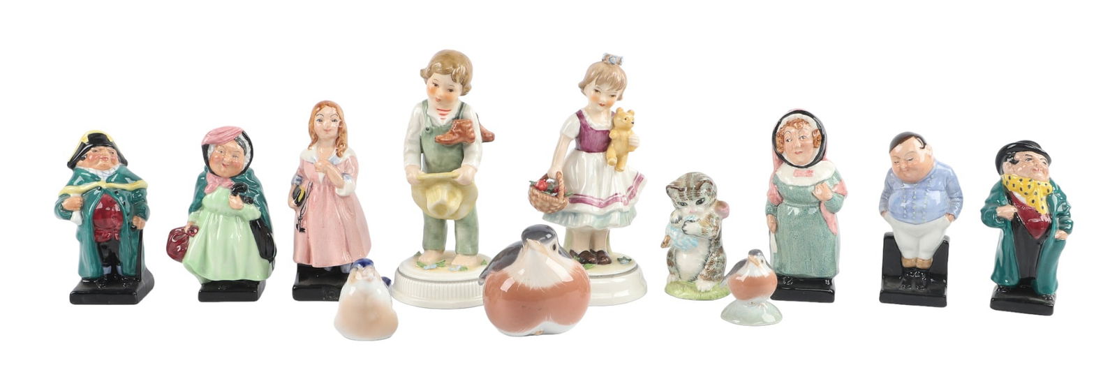 (6) Royal Doulton Porcelain Figures and More: (6) Royal Doulton porcelain figurines, c/o Little Nell (4-3/4" h), Fat Boy (4" h), Bumble (4" h), Mrs Bardell (4-1/2" h), Sairey Gamp (4-1/4" h), Tony Weller (4" h) along with (6) Porcelain figurines,