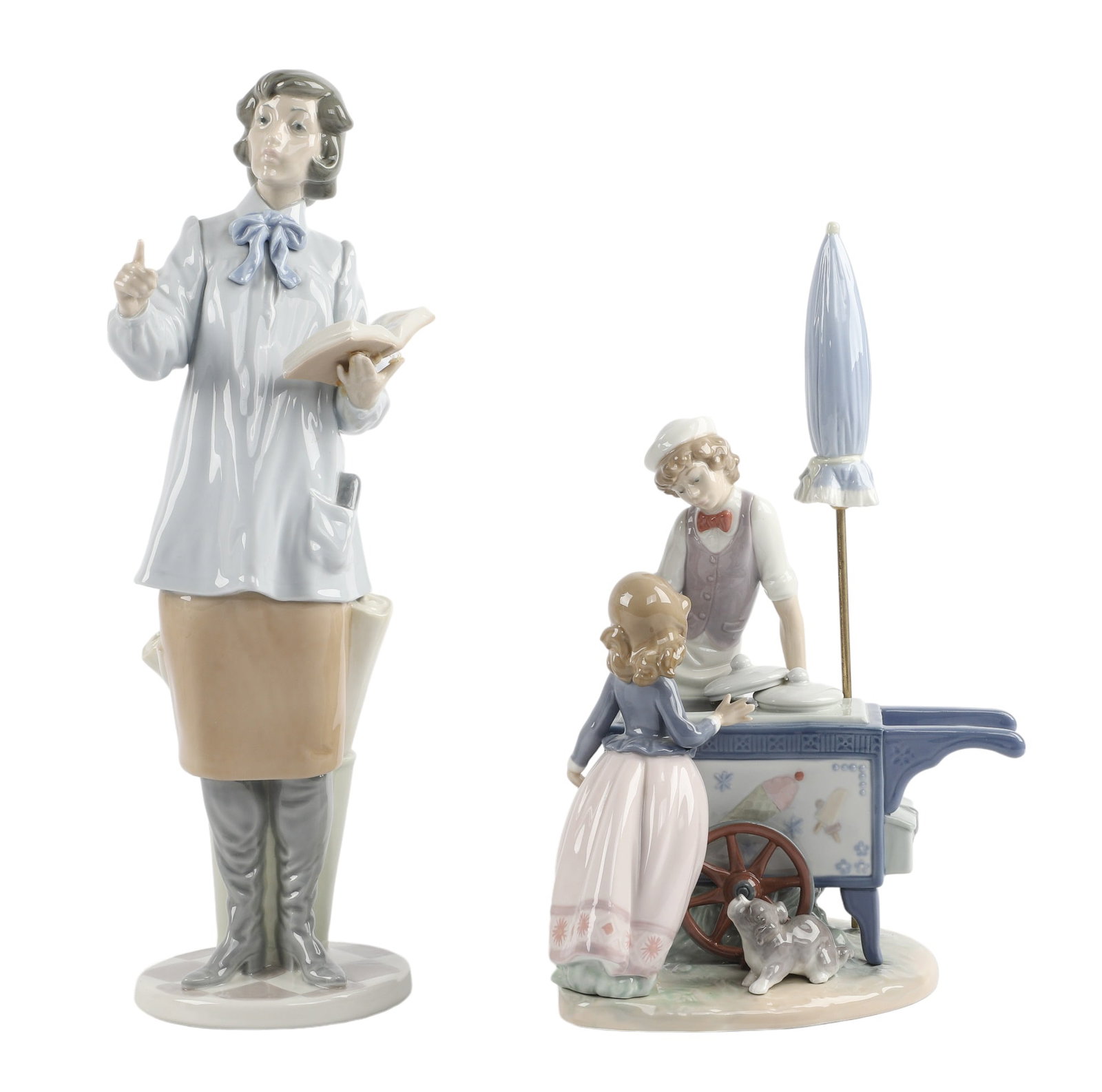 Lladro Teacher and Ice Cream Seller: Lladro teacher and ice cream seller, female teacher figure, 5048 'teacher woman', designed by Salvador Furiï¿½, retired, 14 7/8"H, the book having been re-joined to her hand, along with 5325 