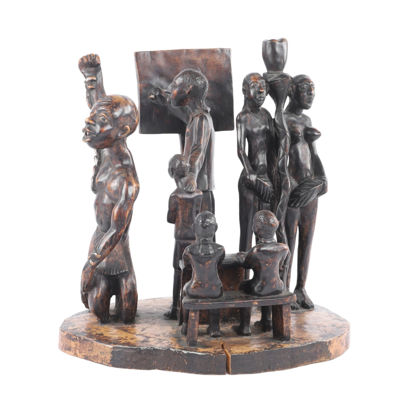 Allegorical Carved Wood Figure Group: Allegorical carved wood figure group, depicting progression through education and civil rights, 18" dia, 19 1/4"H, unsigned