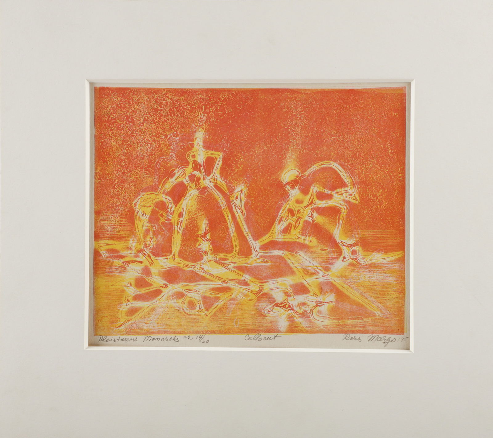 Boris Margo Cellocut "Pleistocene Monarchs": Boris Bargo (American, 1902-1995) cellocut "Pleistocene Monarchs", color cellocut on paper, pencil signed "Boris Bargo '45", edition 14/30, 8-1/2" x 10-3/4" image, sheet 12-3/4" x 13-1/4", matted 15"