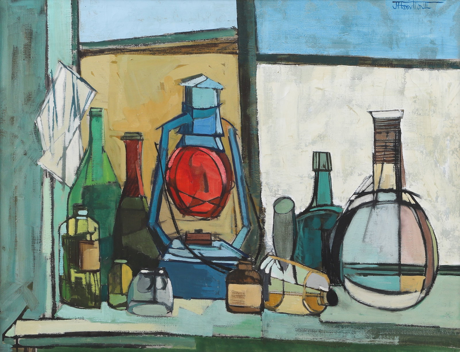 Mid Century Modern Still Life Painting: Mid century modern still life painting, oil on canvas, signed "J. Hamilton III", 24" x 30", framed 27-1/4" x 33-1/4"
