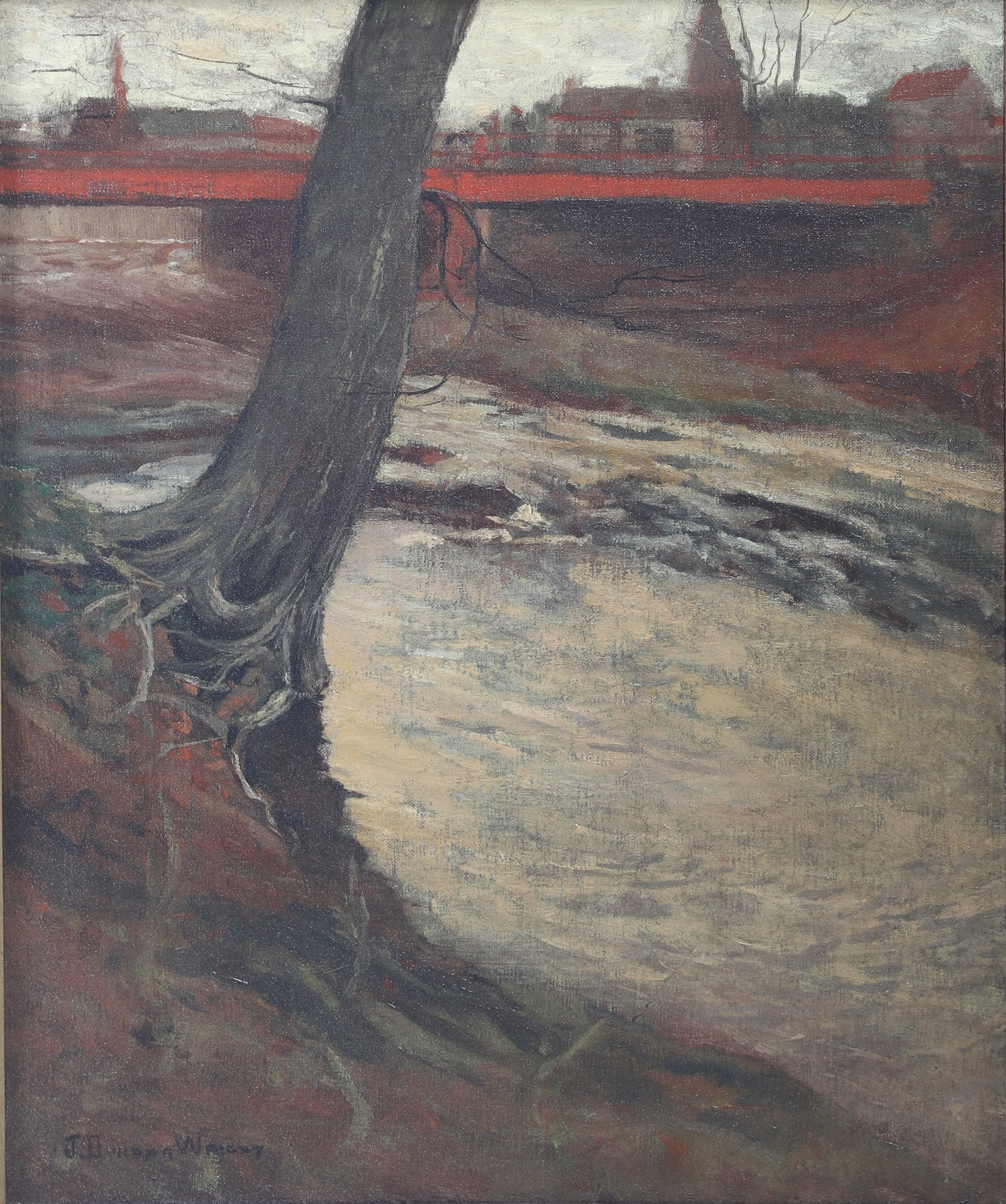 J Dunbar Wright "Bridge Across the Wabash": J Dunbar Wright (American, 1862-1917) "Bridge Across the Wabash", oil on canvas, signed "J. Dunbar Wright", mounted in later custom frame, 20" x 16", framed 25-3/4" x 21-3/4", very good condition, pro