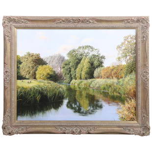 Michael James Smith English Landscape Painting: Michael James Smith (British, b 1976) English landscape painting "A Fine Day in Prospect", oil on canvas, signed "Michael James Smith", 24" x 30-1/2", framed 30-1/4" x 36-3/4", excellent condition, sm