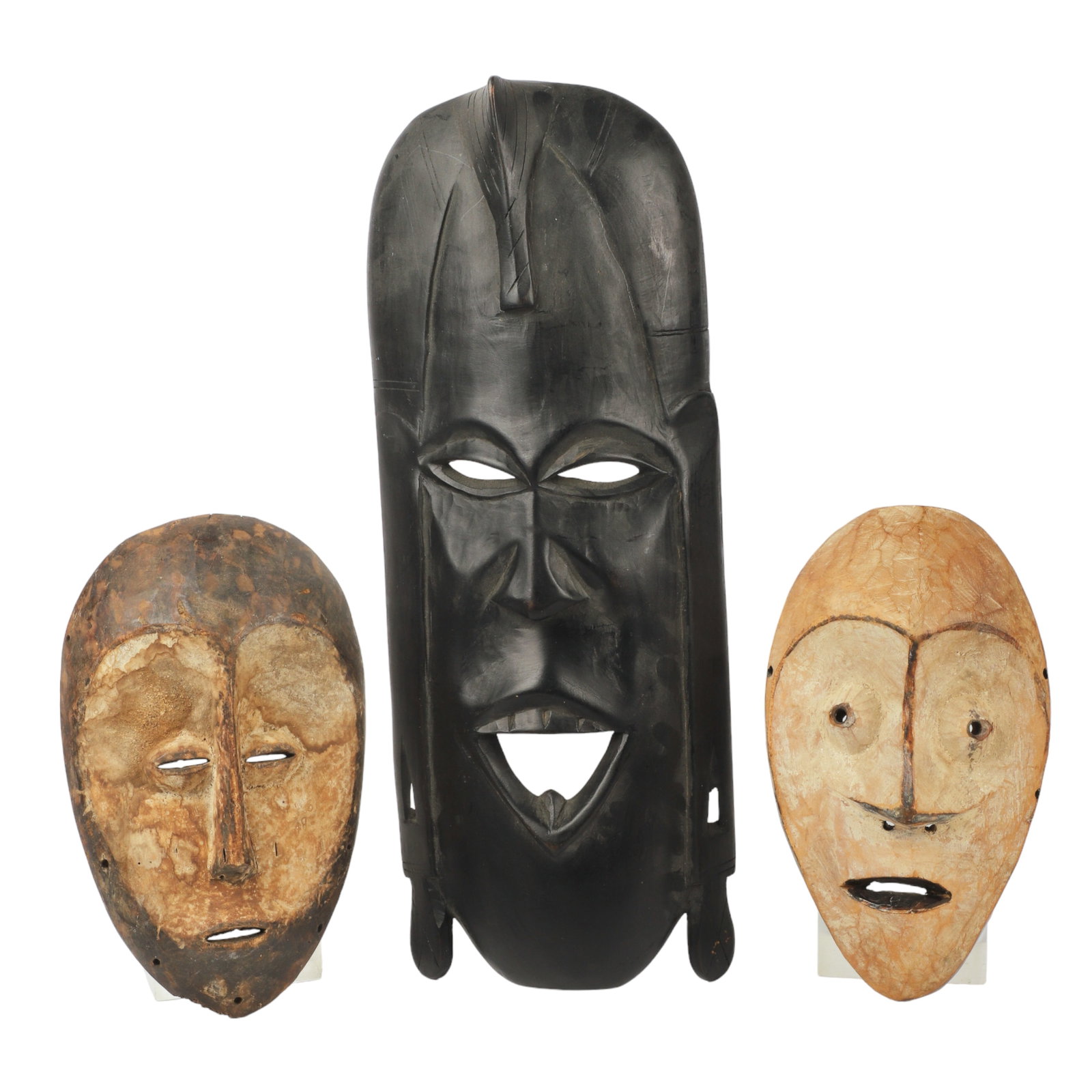 (3) African Tribal Masks: (3) African tribal masks, c/o Ivory Coast Ghana style (18-1/2" x 7-1/8"), Lega style (10" x 6-1/4"), Lega style (10" x 5-3/4")