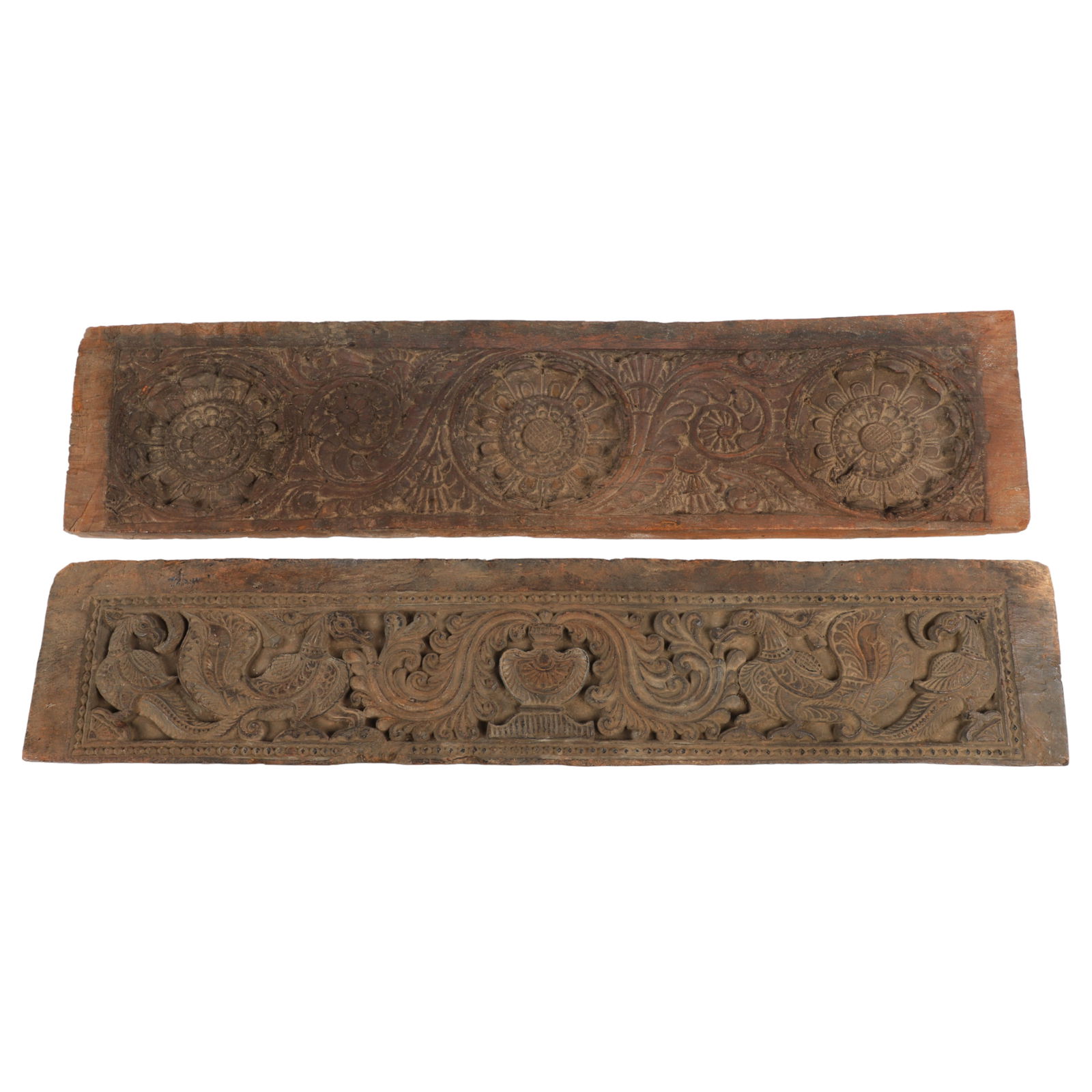 (2) Carved Hardwood Portions as Wall Hangings: (2) Carved hardwood portions as wall hangings to include a scroll and floral carved wall 28"L x 6 3/4"W, along with a similarly designed scroll, urn and dragon carved portion, 28 1/2"L x 5 3/4" W, aff