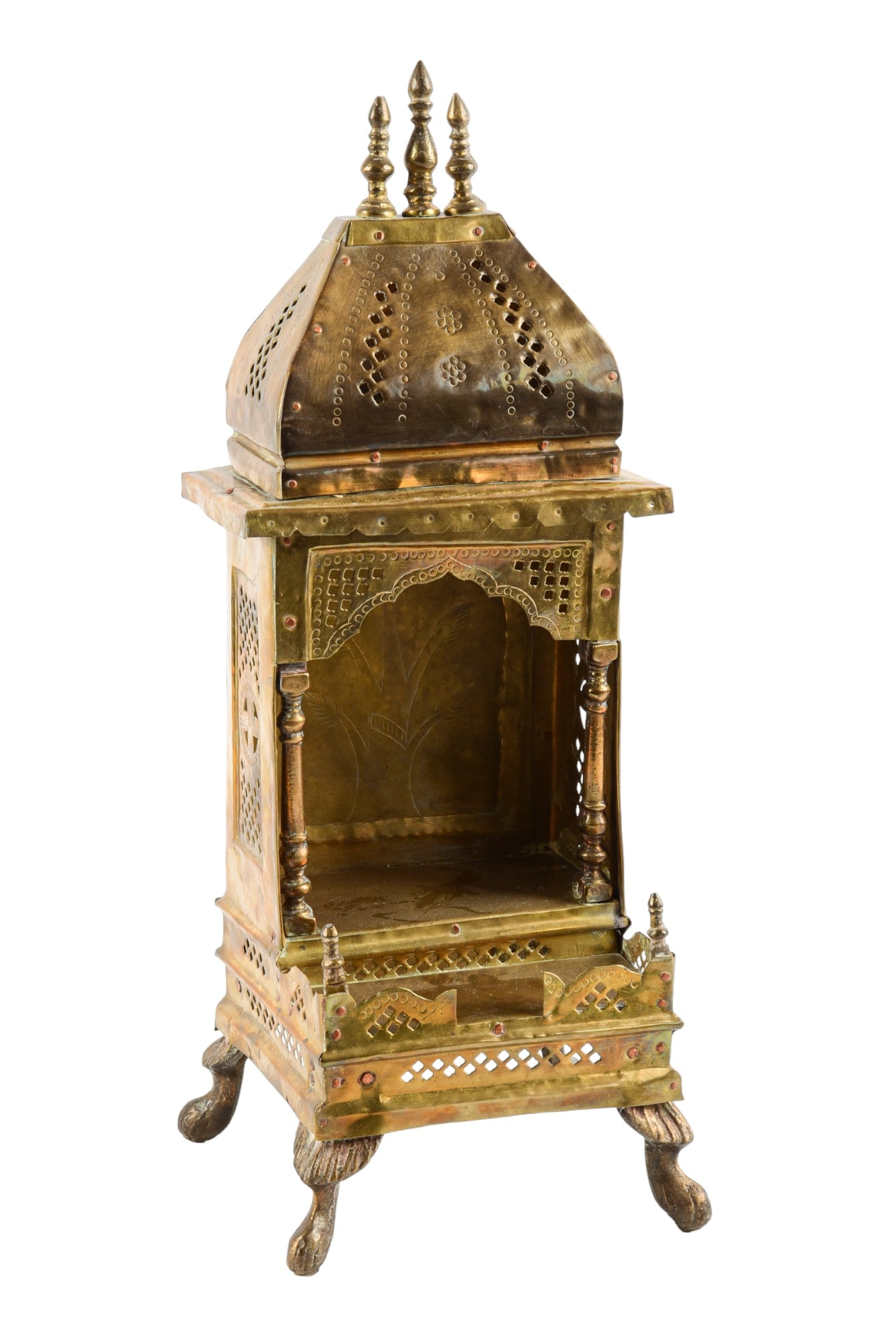 Indian Brass Pooja Mandir Temple: Indian brass pooja mandir temple, unmarked, 7-1/4" x 7" x 19" h