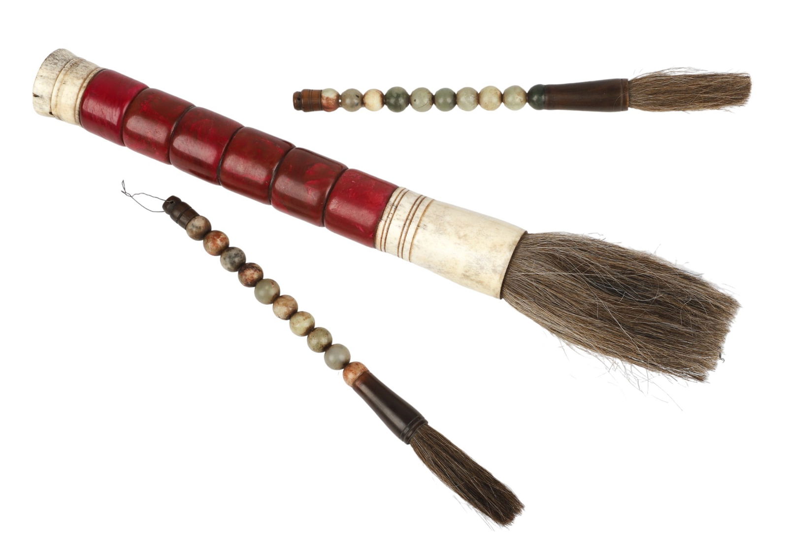 (3) Chinese Paint Brushes: (3) Chinese paint brushes, c/o pair of stone bead handle (9-1/2" l), stone & bone handle (14-1/2" l)