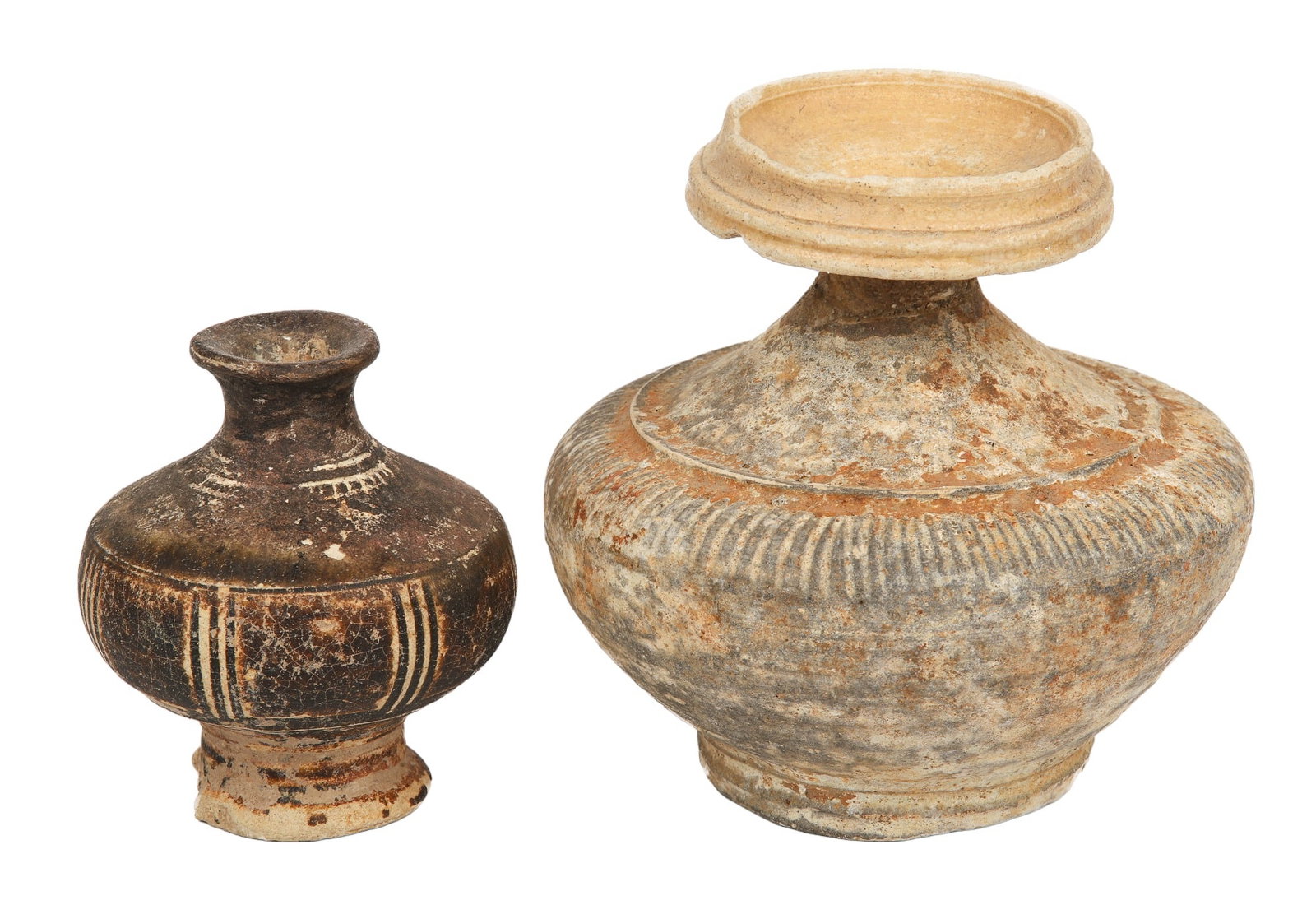 (2) Pcs Cambodian Khmer Kulen Pottery: (2) Pcs Cambodian Khmer Kulen pottery, unmarked, c/o lime pot (3-3/4" h, chips to rim), brown glazed jarlet (2-1/2" h, chips to foot)