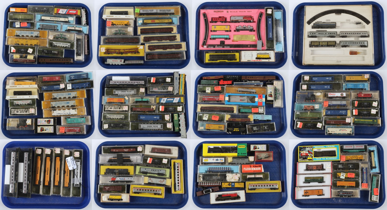 (100)+ N-Scale Train Cars: (100)+ N-Scale trains to include Life-Like, Bachmann, Aurora Postage Stamp Trains, Minitrains, Arnold Rapido train set, nearly complete, Bachmann N scale train set no 4006:1500 Santa Fe, Atlas, Minitr