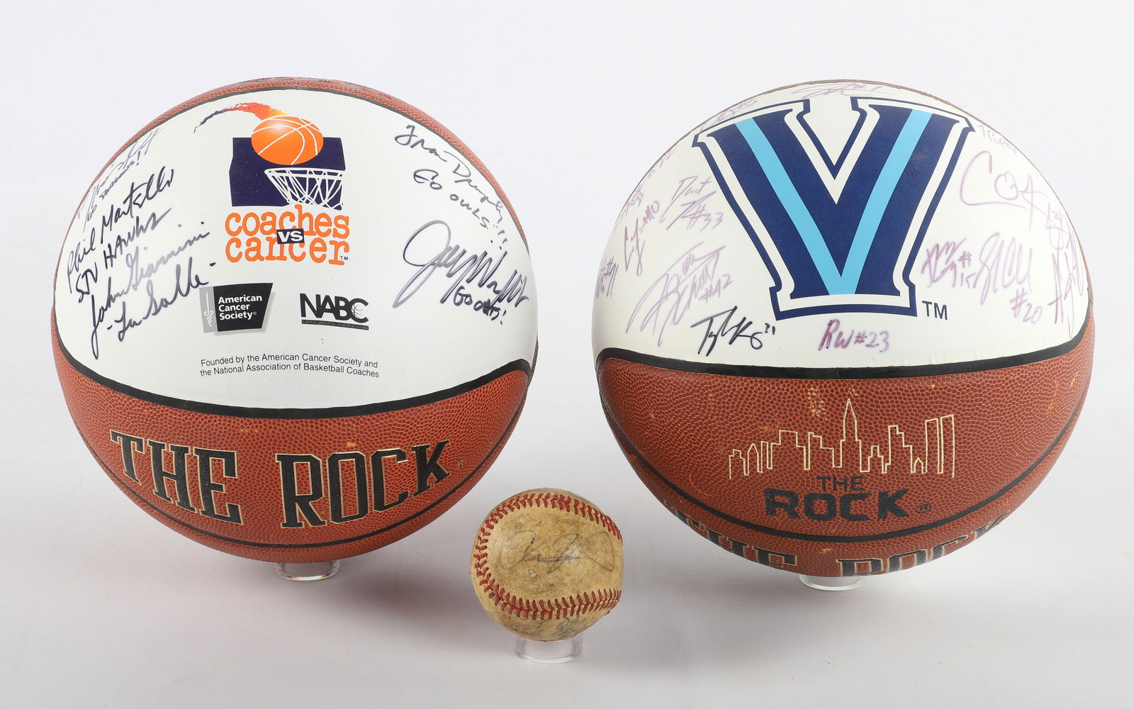 Signed Basketballs and Baseball Group: Signed Basketballs and baseball group to include Villanova signed team ball, coaches vs cancer logo signed by the 'Big 5' college basketball coaches in Philadelphia, Bruiser Flint (Drexel), Phil Marte