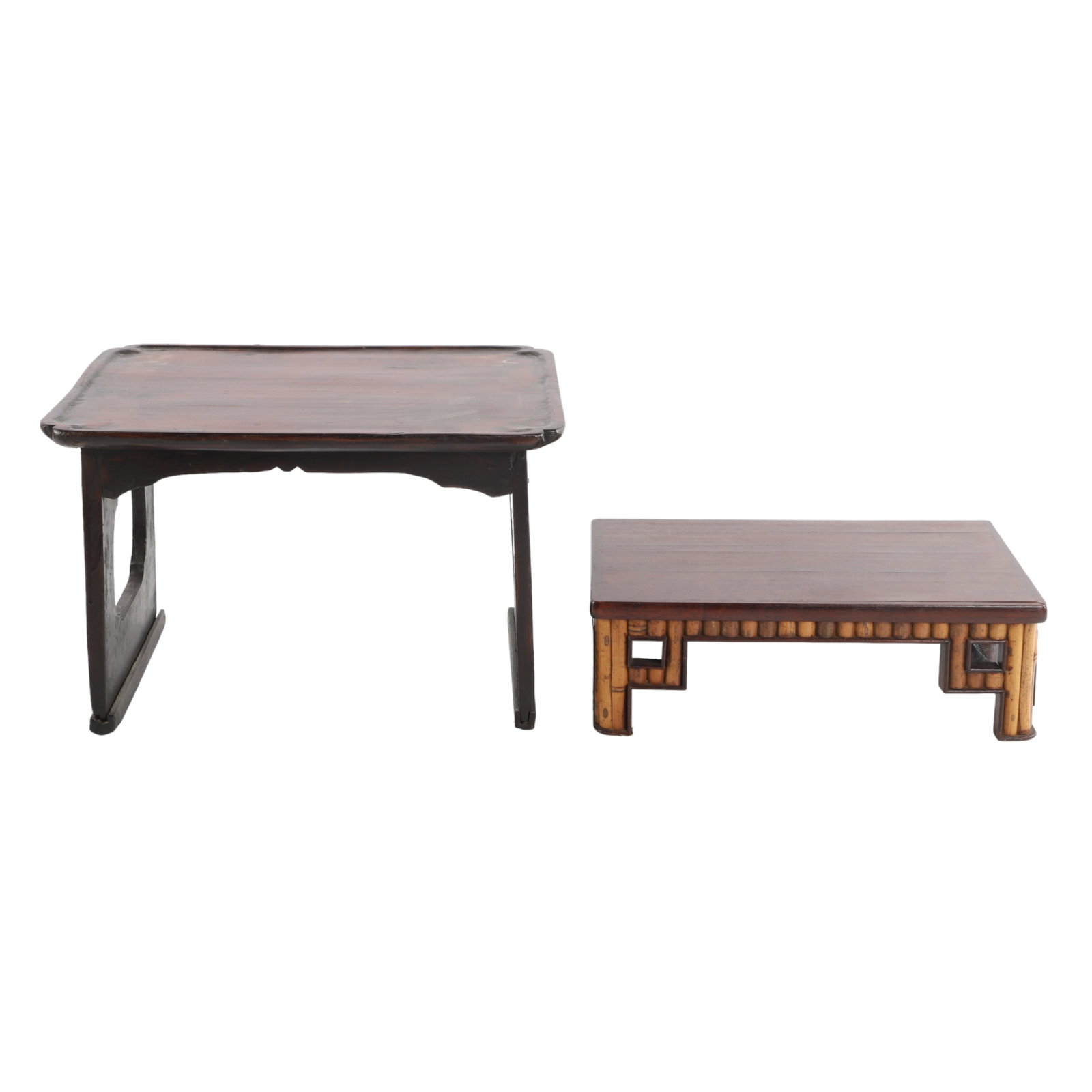 (2) Chinese Carved Wood Altar Table Stands: (2) Chinese carved wood altar table stands, 16" x 12-3/4" x 10" h & 14" x 9-1/2" x 4-1/2" h