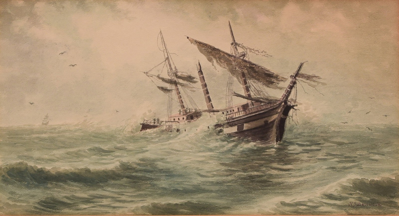 Nelson S Bowdish marine watercolor depicting a ship on stormy seas: Nelson S Bowdish (American, 1831-1916) marine watercolor depicting a ship on stormy seas, watercolor on paper, signed "N S Bowdish", 11-3/4" x 21-3/4" sight, framed 21-1/2" x 30-1/2", good condition