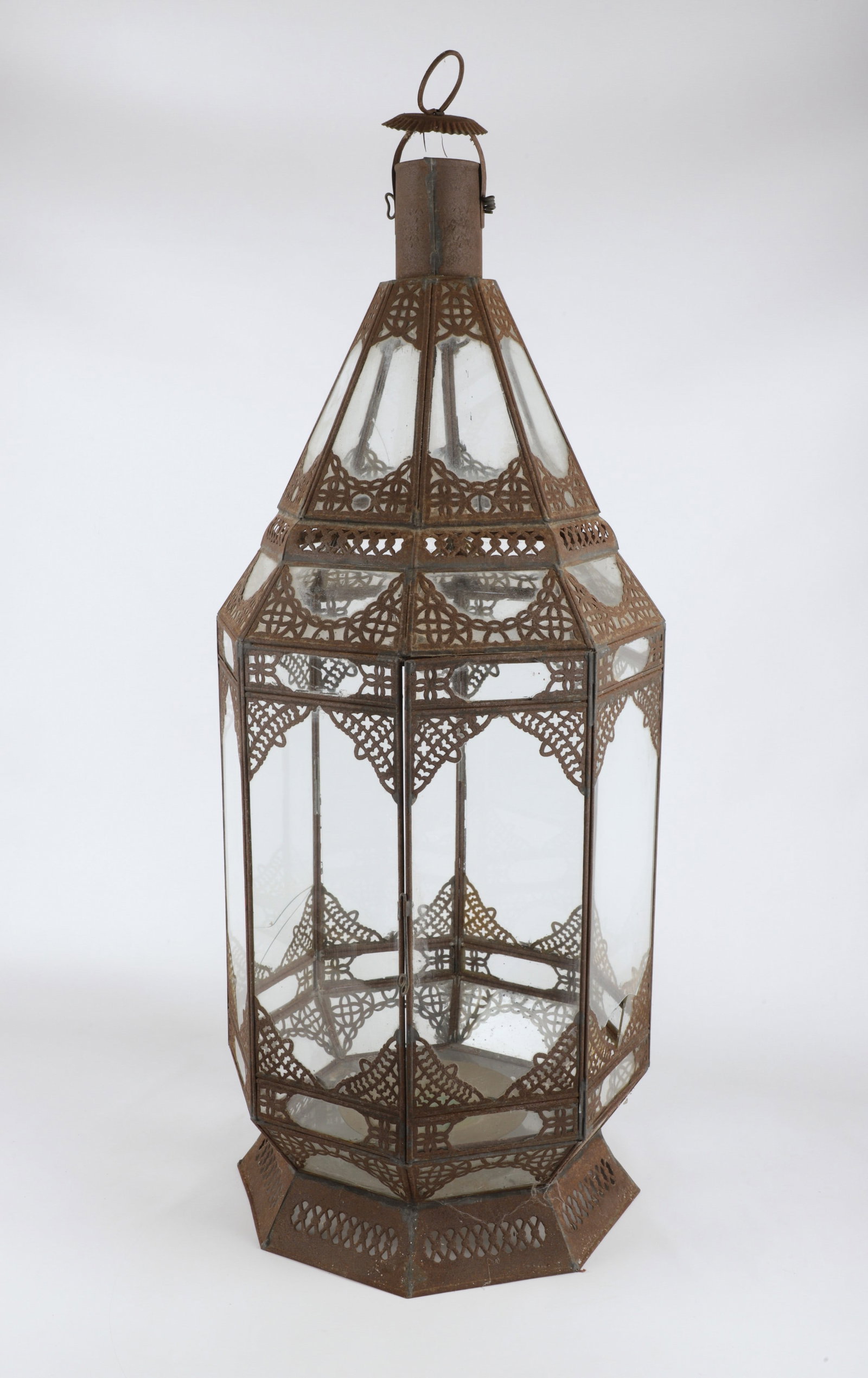 Victorian Octagonal Terrarium: Victorian octagonal terrarium, filigree steel & glass, hinged door access, 16" dia x 40-1/2" h, (2) glass panes cracked, (1) broken