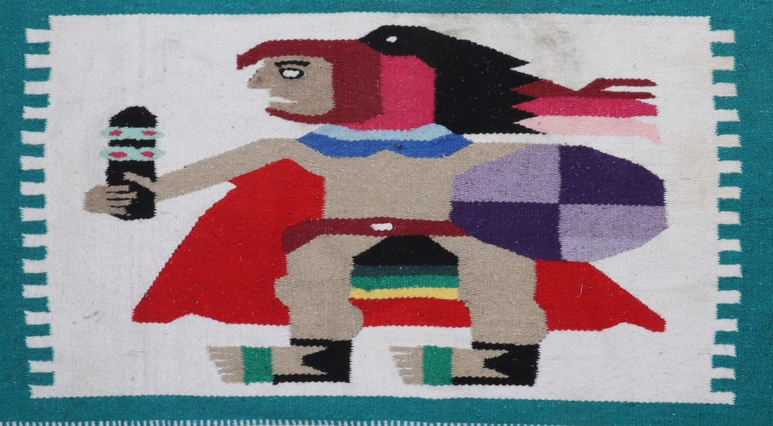 Native American Woven Blanket: Native American woven blanket, figural decoration, 49-1/2" x 80" excluding fringe