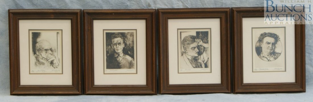 (4) Jack Coughlin, American, b 1932, portrait et: (4) Jack Coughlin, American, b 1932, portrait etchings, Brendan Behan, 21/100, Sean O'Casey, 21/100, James Joyce, 21/100, Samuel Becket, 21/100, all 5 1/4" x 4 1/4"