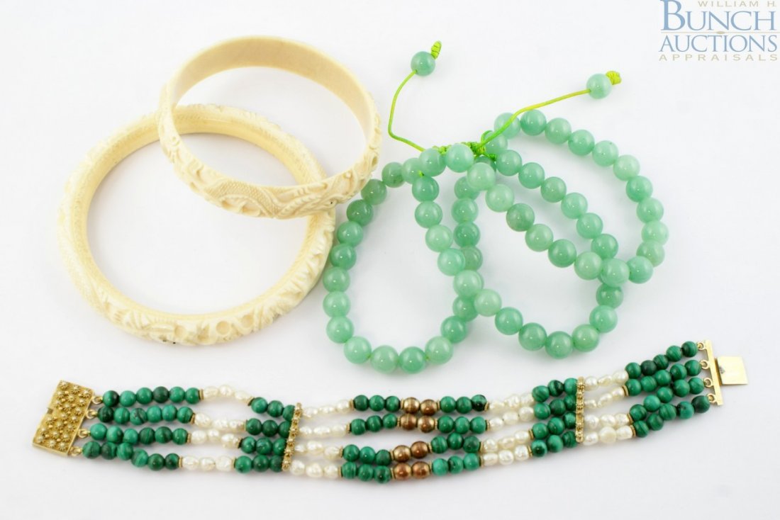 (4) bracelets, 3 row jade beads, malachite and f: (4) bracelets, 3 row jade beads, malachite and fresh water pearl, and 2 carved ivory bangles