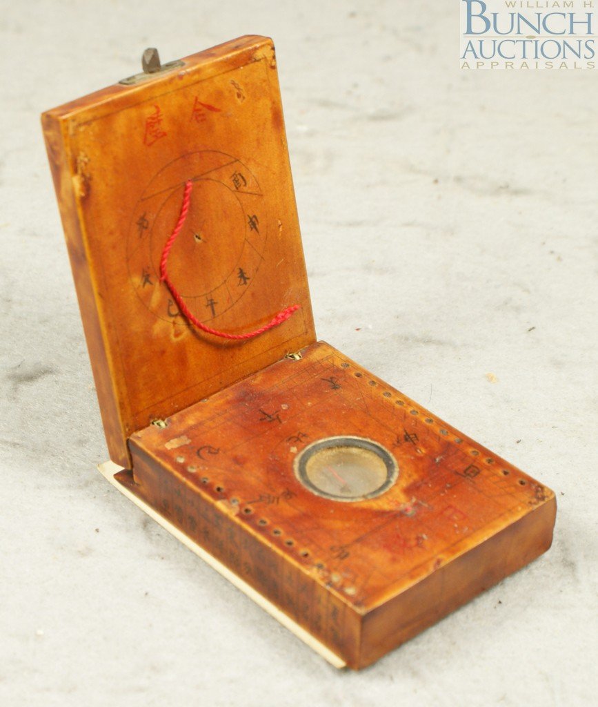 Lacquered wood Chinese combination sun dial/comp: Lacquered wood Chinese combination sun dial/compass with date calculator, identifying label indicates "Ch'eng Hua Ming Period, c 1450", 3" x 2" , 7/8" thick