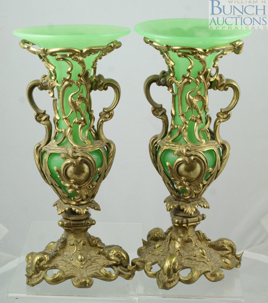 Pr green opaline glass vases in art nouveau styl: Pr green opaline glass vases in art nouveau style brass frames, 9 7/8" tall