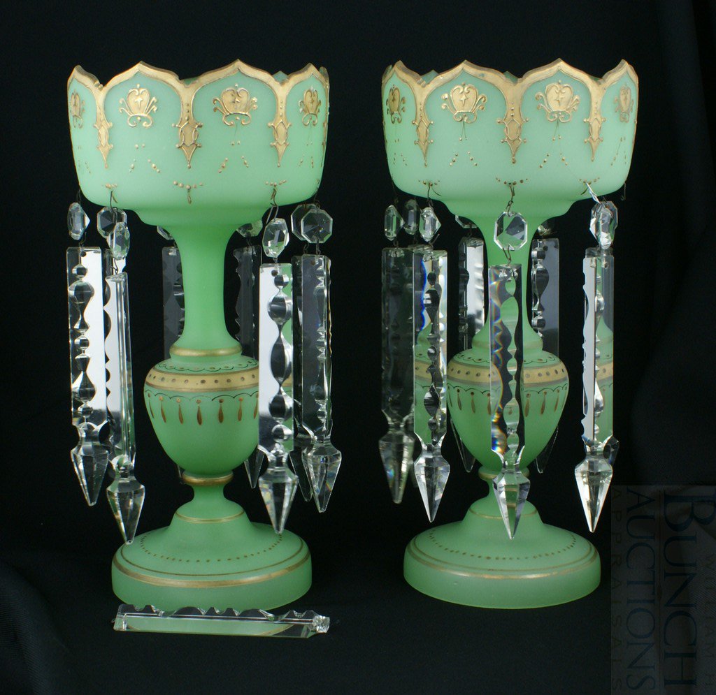 Pair of green opaline lusters, missing 2 prisms,: Pair of green opaline lusters, missing 2 prisms, 13" tall