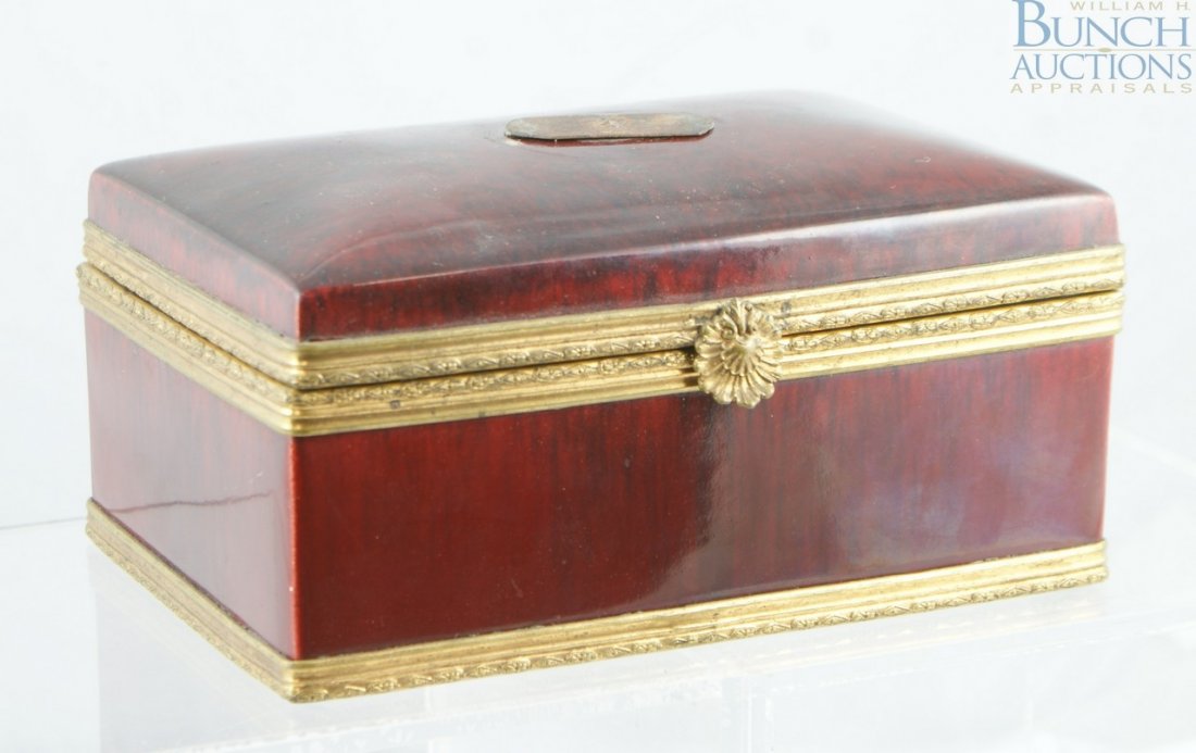 PM Sevres earthenware dresser box, Paul Millet &: PM Sevres earthenware dresser box, Paul Millet & Sons, Sevres, c 1930-40, missing a decoration from a top mount, 6 3/4" w