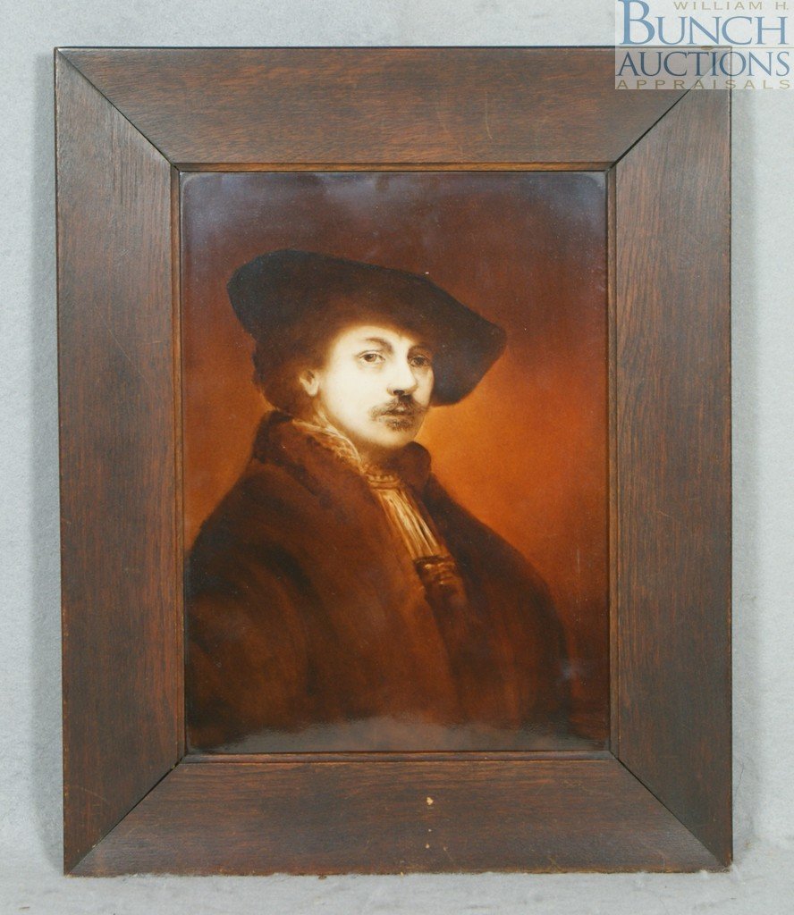 T&V Limoges porcelain portrait plaque of a young: T&V Limoges porcelain portrait plaque of a young man with moustache in a hat, 9 1/2" x 7", in a mahogany frame, impressed 24/18, T&V backstamp
