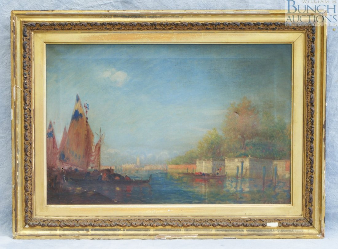 Continental School, 19th c, o/c, Venetian Canal : Continental School, 19th c, o/c, Venetian Canal scene, signed indistinctly lower right, (D'Artezzo?) supply stencil verso "La Touche Paris", 16" x 24", with two tears in lower left and upper right, or