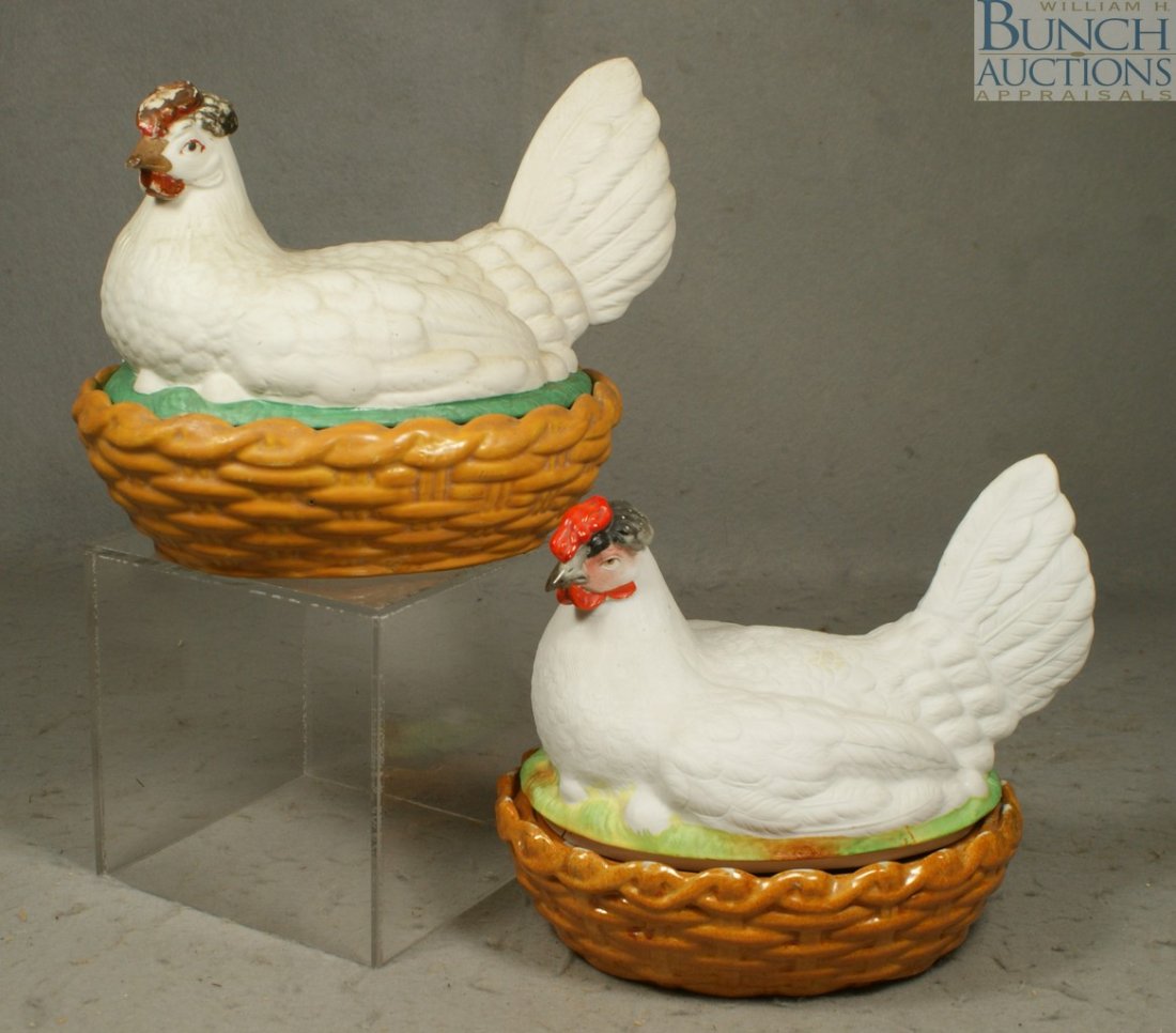 (2) Staffordshire hens on nest, 10" l, 8 1/4" h: (2) Staffordshire hens on nest, 10" l, 8 1/4" h
