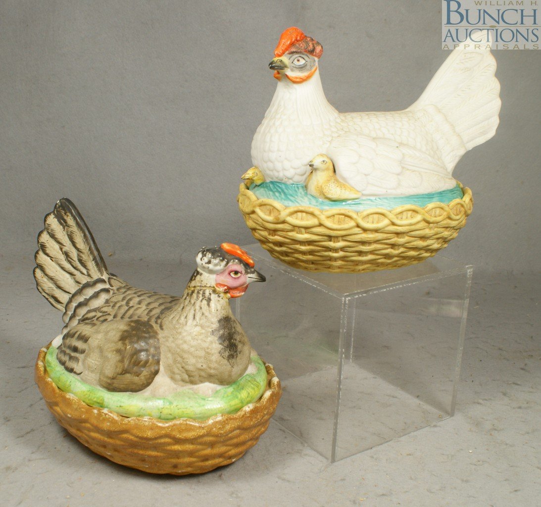 (2) Staffordshire hens on nest, 1 with 3 chicks,: (2) Staffordshire hens on nest, 1 with 3 chicks, 10" l, 8" h