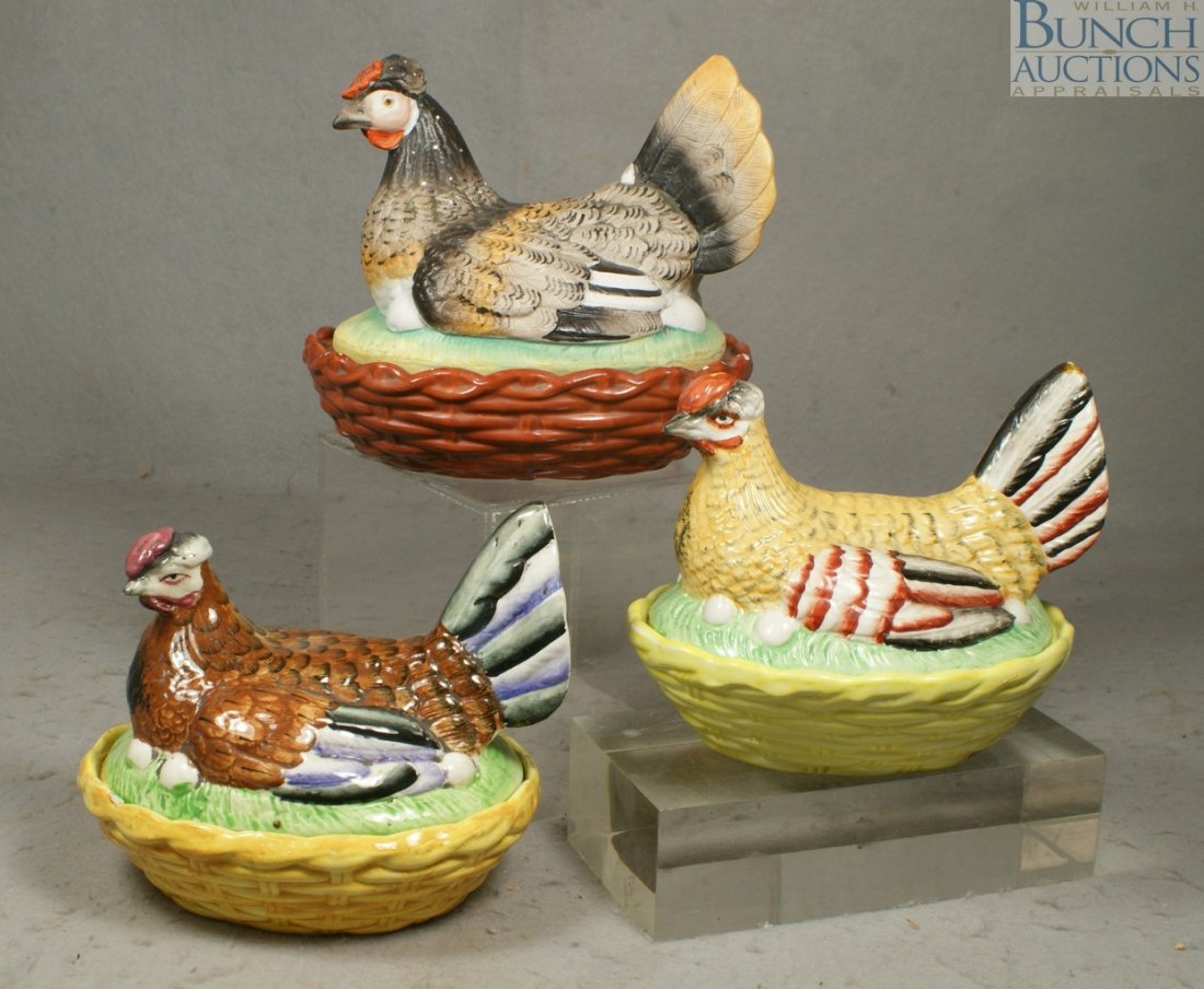 (3) Staffordshire hens on nest, 8" l, 7" h, one: (3) Staffordshire hens on nest, 8" l, 7" h, one marked Made in England