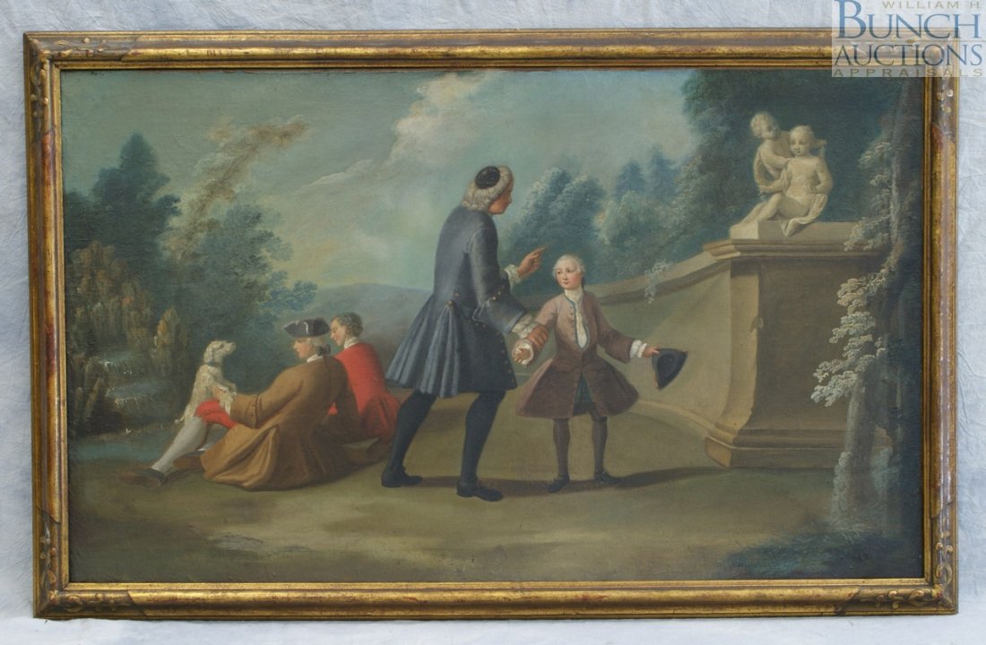 Continental School, 18th/19th c, o/c, Garden Sce: Continental School, 18th/19th c, o/c, Garden Scene with Teacher and a Student, 2 other figures with a dog, 22" x 36 1/2"