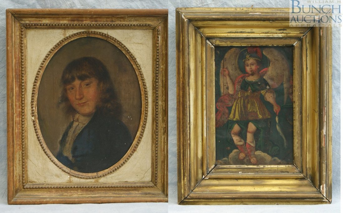 (2) Continental School, 19th c, oil on metal pan: (2) Continental School, 19th c, oil on metal panel, portrait of a young man, 11" x 8 1/2", and a portrait of a child in royal dress, 10" x 7"