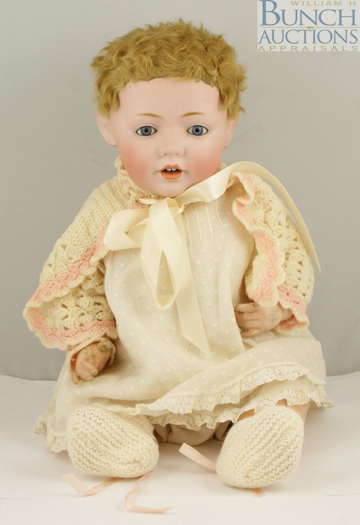 JD Kestner 237 Hilda bisque head doll, original: JD Kestner 237 Hilda bisque head doll, original hide wig, some wear and scuffs to fingers and body, slight splits in forearms, 16" long