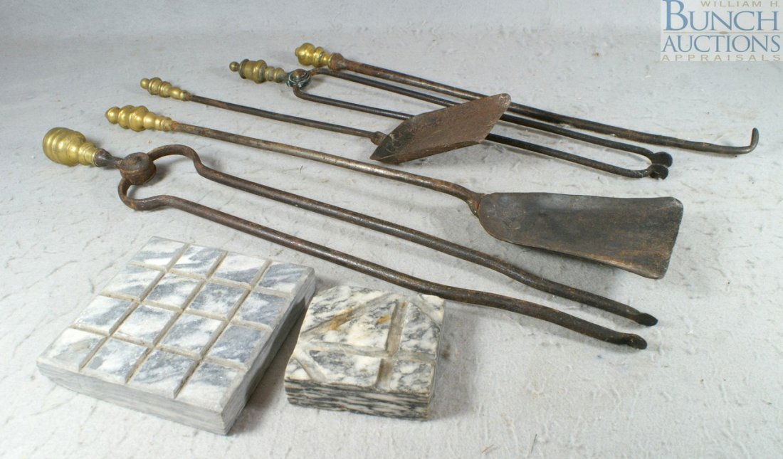 2 King of Prussia marble fireplace tool rests,: 2 King of Prussia marble fireplace tool rests, largest 6" sq, smallest 4" sq, with 5 assorted early fire tools