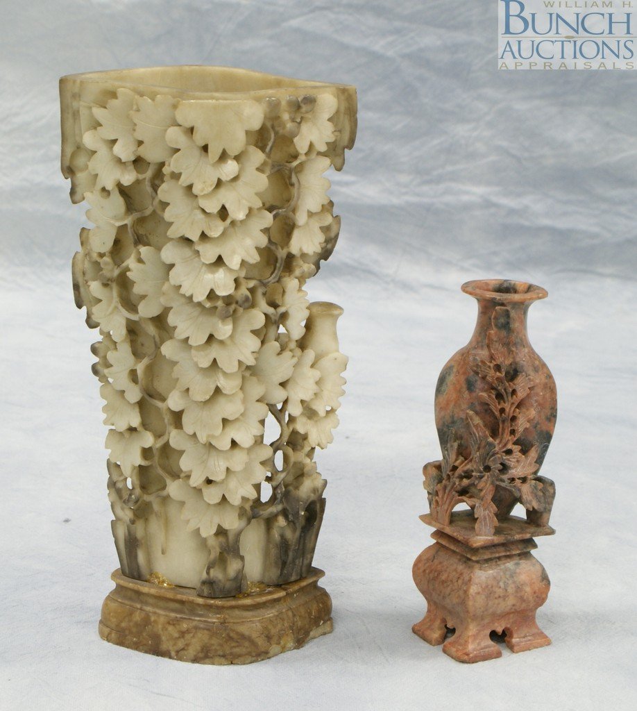2 Chinese carved soap stone vases, tallest 8": 2 Chinese carved soap stone vases, tallest 8"