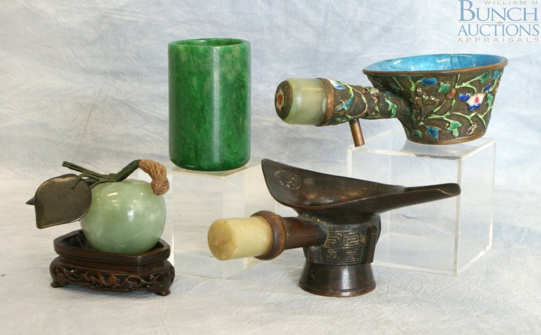 4 pcs to include, a Chinese hard stone brush pot: 4 pcs to include, a Chinese hardstone brush pot, Jade Apple, Chinese enamel and hardstone iron, Chinese archaic style cup with hardstone handle. Tallest measuring 3 1/2"