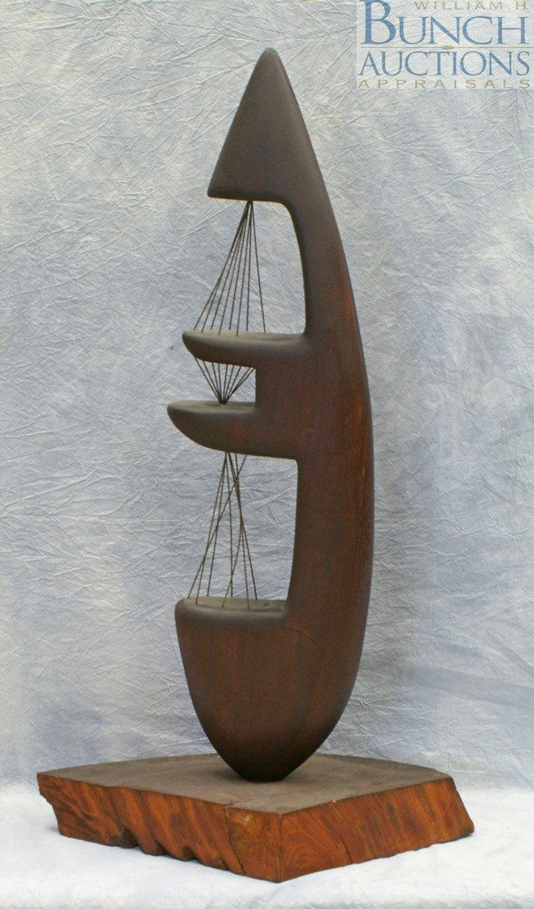 Elliptical carved wood and wire sculpture, 36 1/: Elliptical carved wood and wire sculpture, 36 1/4" x 20 3/4" x 12"