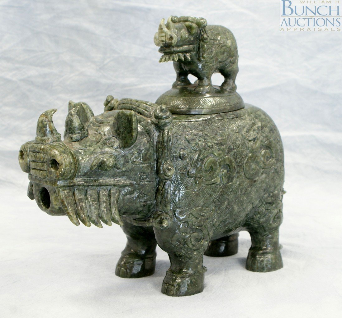 Archaic style carved Chinese jade mythical anima: Archaic style carved Chinese jade mythical animal urn. Approximately 8 1/2" high and 10" long