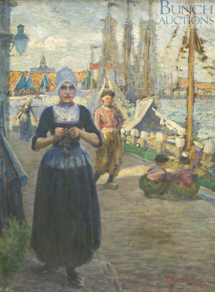 Augustus Koopman, American, 1869-1914, o/c, 2 Du: Augustus Koopman, American, 1869-1914, o/c, 2 Dutch Women in the Harbor, 32" x 23 1/2", relined