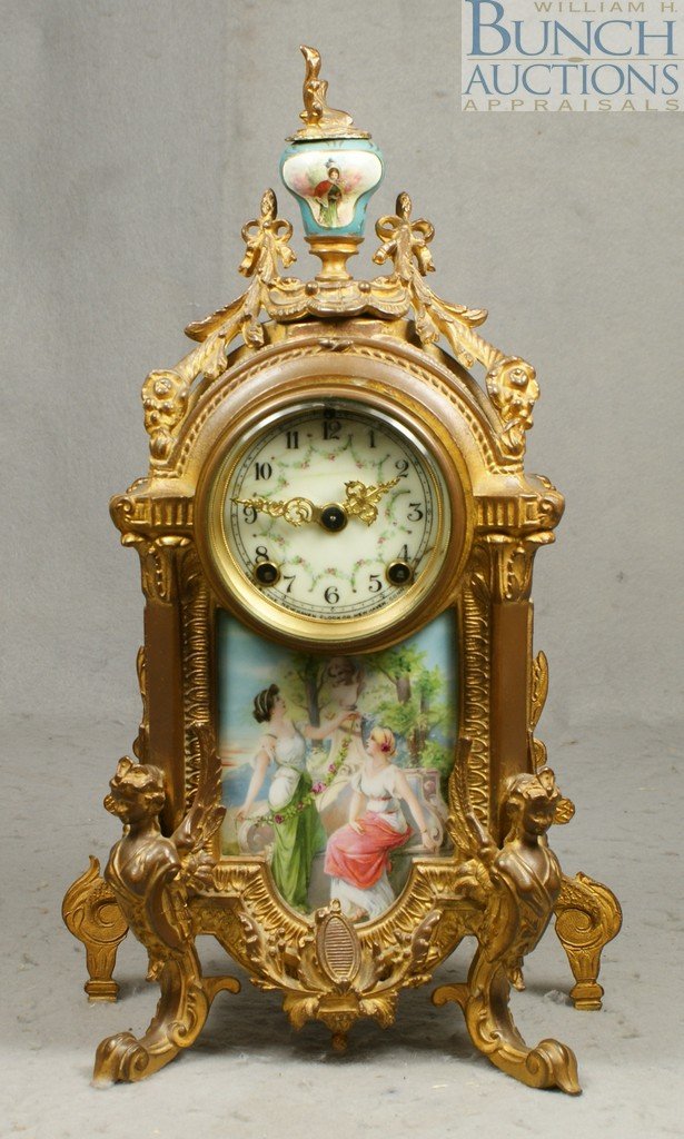 New Haven Clock Co patinated white metal French : New Haven Clock Co patinated white metal French style mantle clock with HP porcelain insert, spider in dial from 9:30 position, 15" h