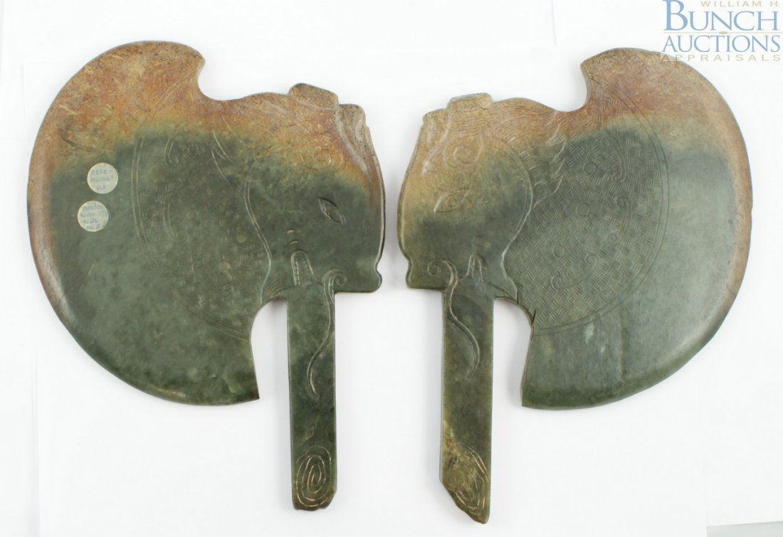 A pair of Chinese carved jade Han Dynasty ceremo: A pair of Chinese carved jade Han Dynasty ceremonial axes Approximately 8", Similar to P de Tanner Chinese Jade Vol II Plate 26 #757
