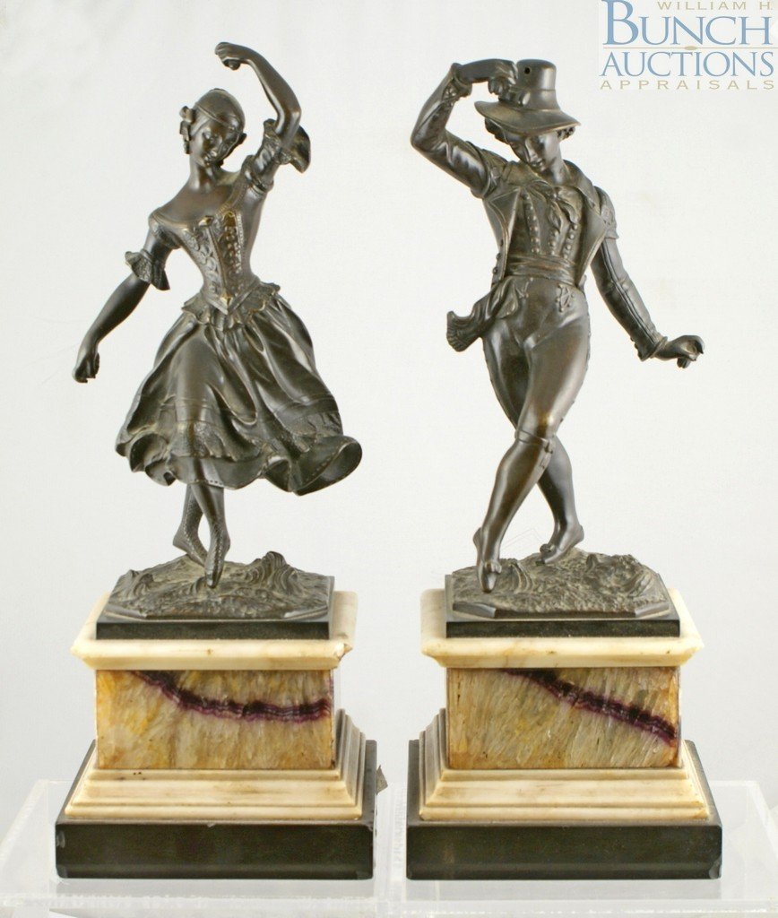 Pr bronze sculptures of a gypsy couple dancing,: Pr bronze sculptures of a gypsy couple dancing, on stepped bluejohn, alabaster & black marble bases, chips at corners, 12 1/2" tall, unsigned, late 19th/early 20th c, likely English