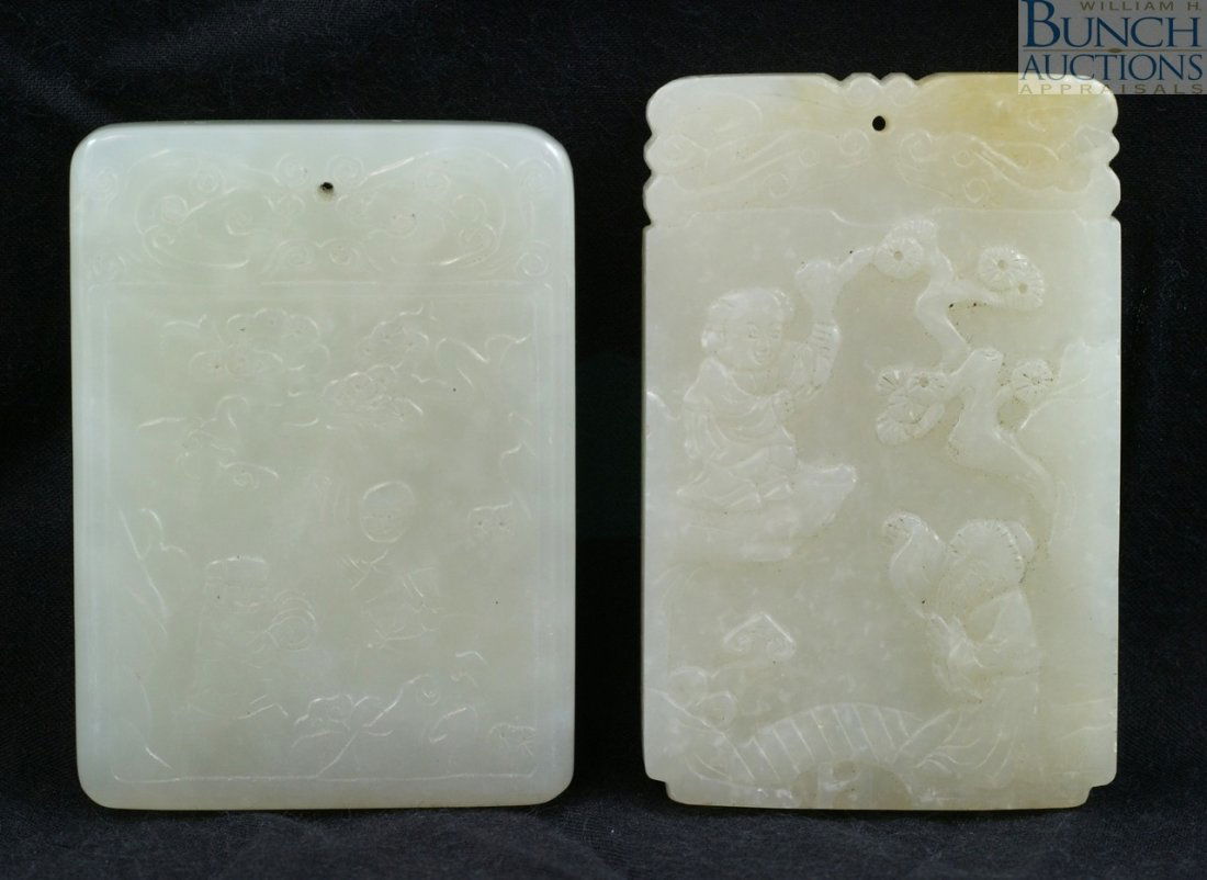 2 pcs Chinese carved jade tablet pendants measur: 2 pcs Chinese carved jade tablet pendants measuring approximately 2 3/8" high