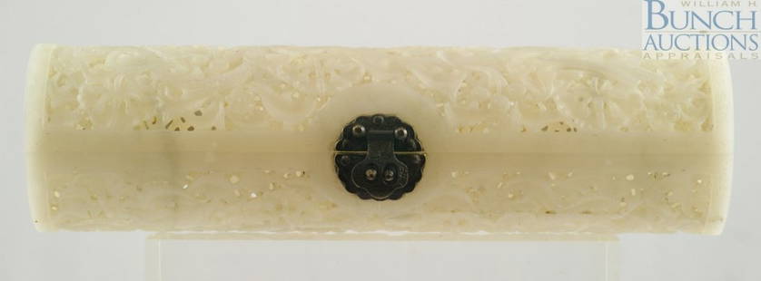 Chinese carved jade pierced scroll holder with e: Chinese carved jade pierced scroll holder with extensive calligraphy on either end, Piece measures approximately 11 3/4" long