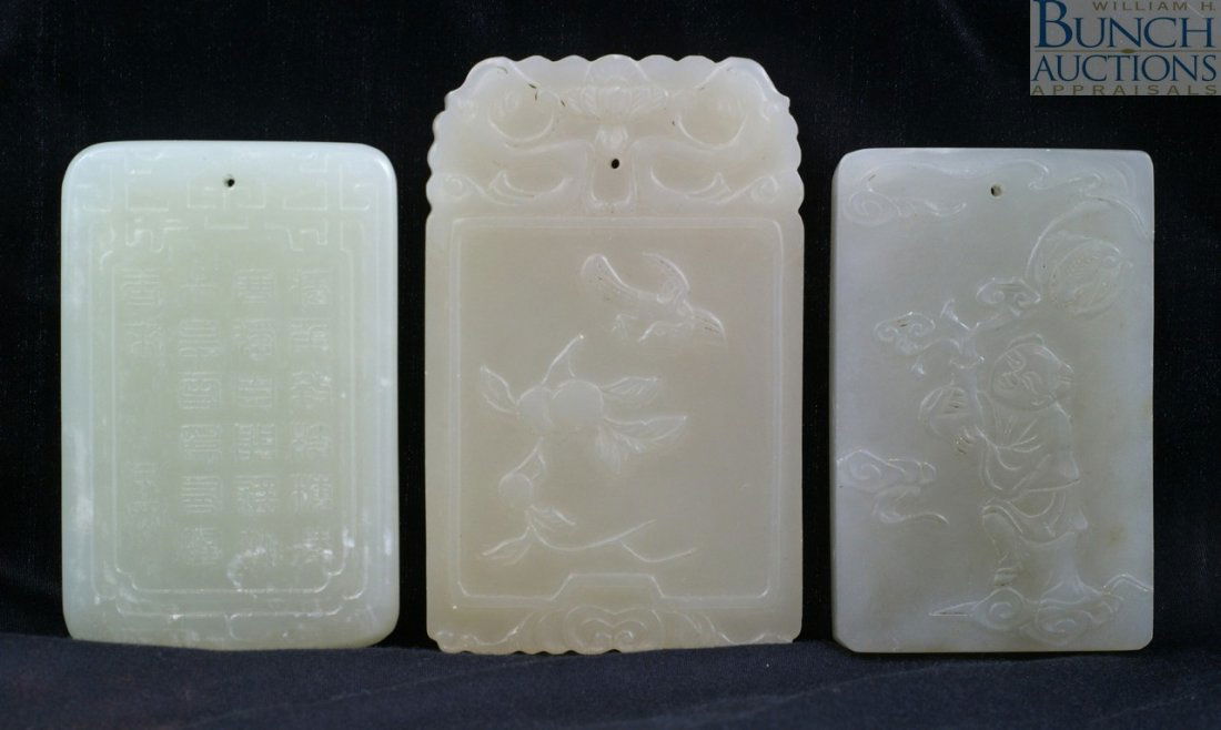 3 Chinese carved jade tablet form pendants, Tall: 3 Chinese carved jade tablet form pendants, Tallest approximately 2 3/4"