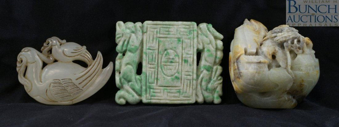 3 pcs Chinese carved jade to include a tablet, a: 3 pcs Chinese carved jade to include a tablet, a mountainous landscape formed pebble, and a mother bird with baby, Largest approximately 2 1/3"
