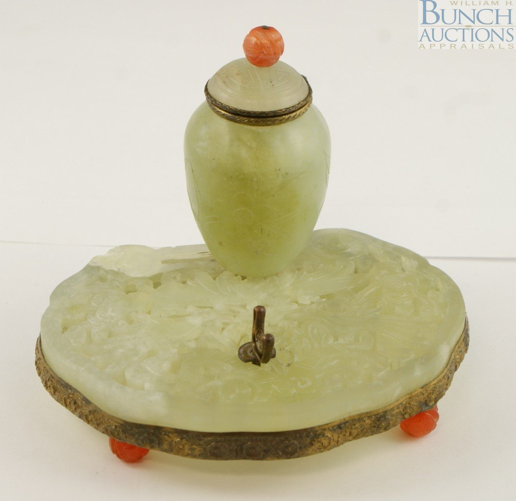 Chinese carved serpentine ink stand with coral f: Chinese carved serpentine ink stand with coral finial and carnelian legs, Slight bruise to bottom plaque, Approximately 5" wide